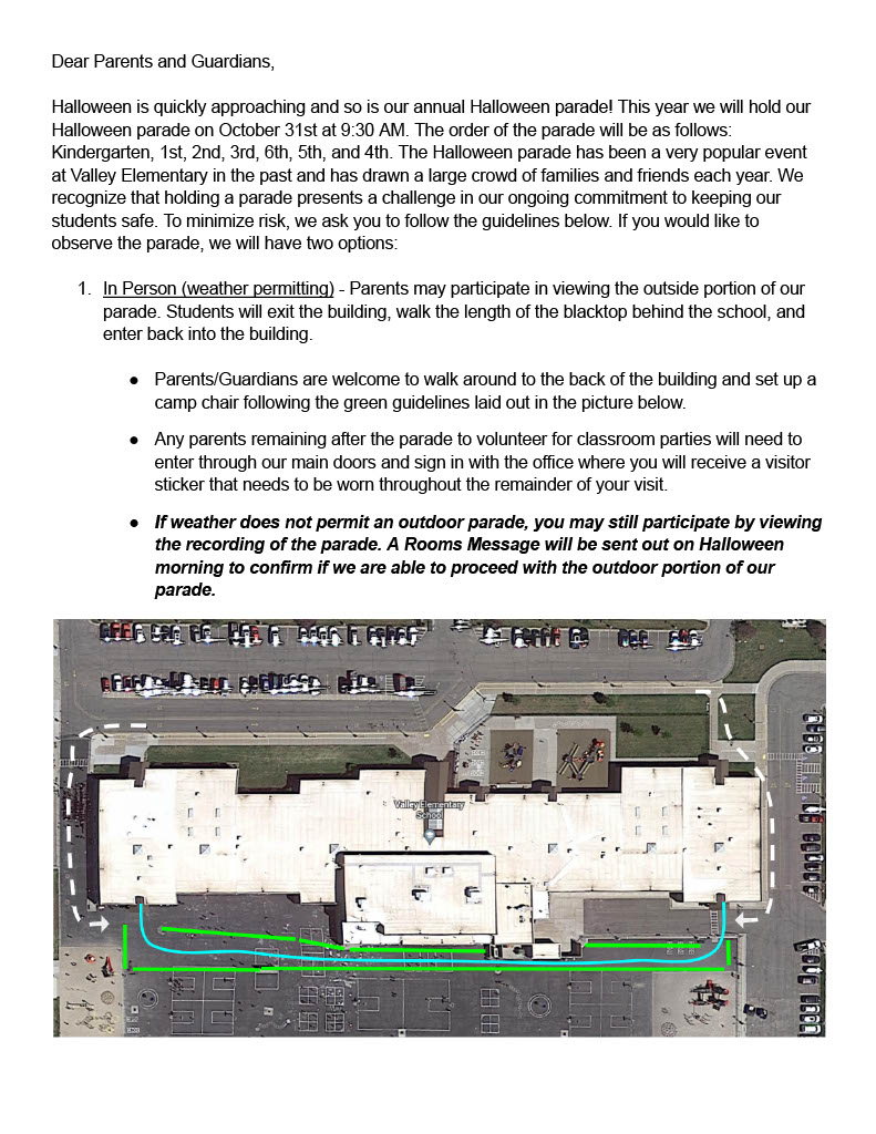 Flyer describing halloween route along playground for parents interested in viewing halloween parade. reminders for parents include parents remaining after the parade for classroom parties must enter through main doors and sign in with the office. If inclement weather, please view parade via recorded link which will be sent out by November 3rd.