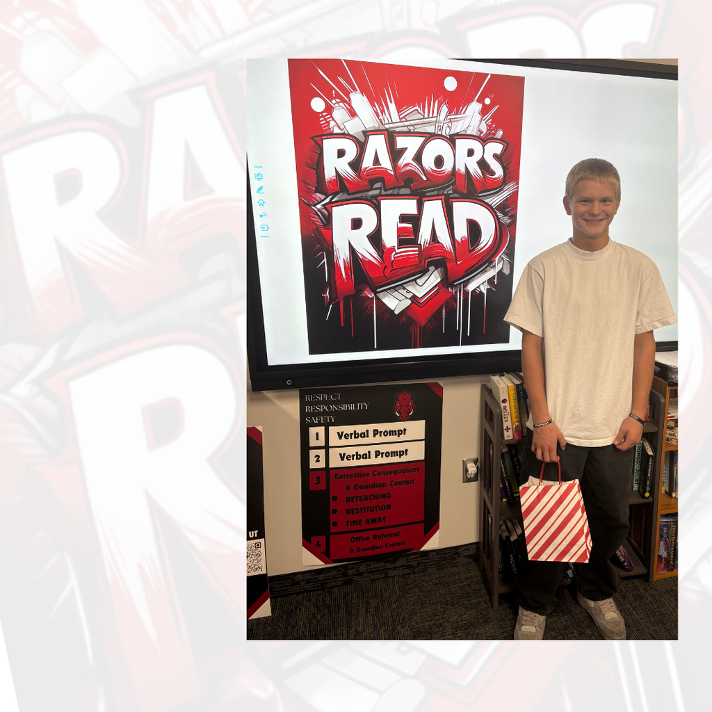 photo of student with his winning Razors read design