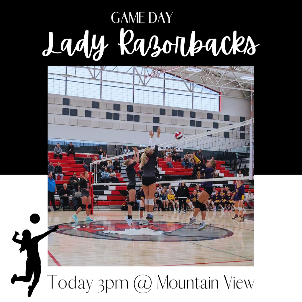 Game Day Lady Razorbacks today 3pm at Mountain View with a photo of the girls volleyball team during the game