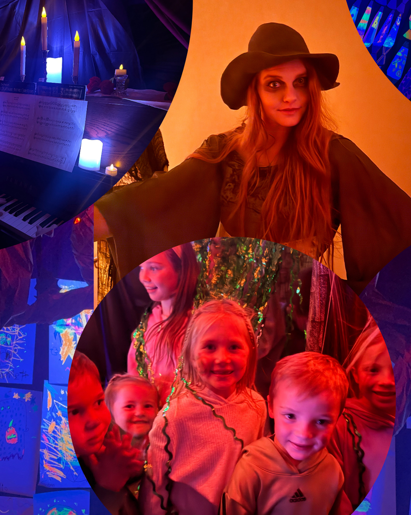 A collage of a school Halloween event: a person in a witch costume, a spooky keyboard with electric candles, and a group of happy children in a decorated, dimly lit room.