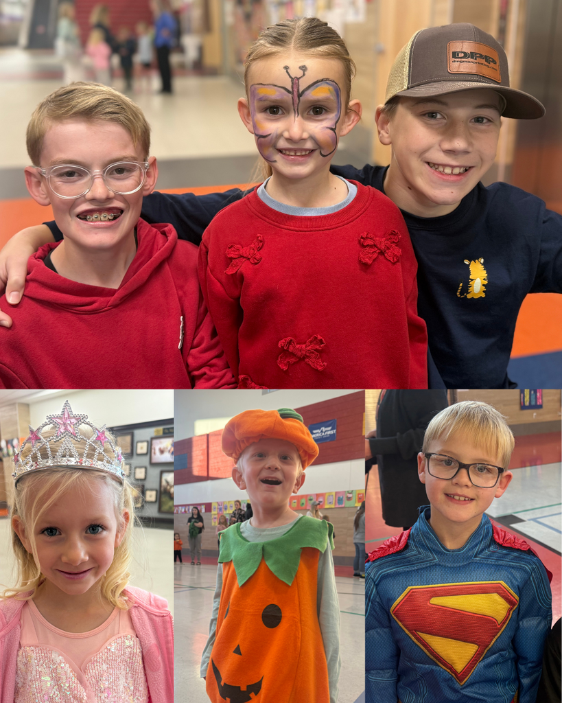 A collage of elementary students in Halloween costumes. The top shows three smiling children, and the bottom row features a princess, a pumpkin, and Superman.