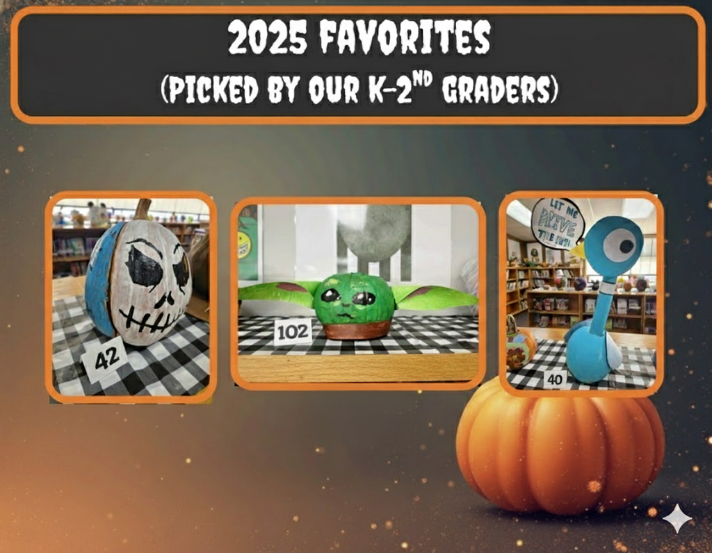 A graphic showcasing three decorated pumpkins that were the favorites picked by K-2 students. The pumpkins are themed as a blue and white skull face, a green Baby Yoda (Grogu) with large ears, and the blue Pigeon character from the Mo Willems books, each displayed with an entry number.