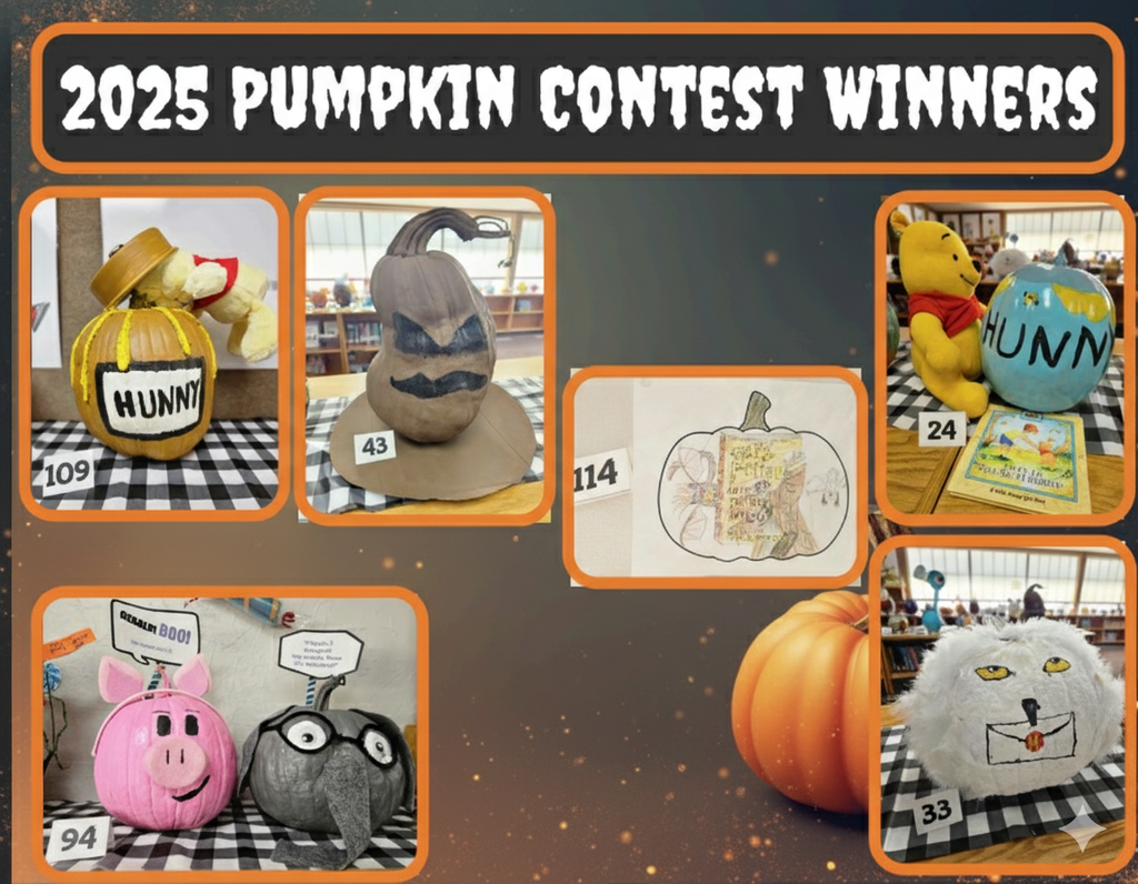 Painted pumpkinA graphic showcasing six winning decorated pumpkins from the 2025 school contest. The pumpkins are themed after characters including Winnie the Pooh and a Hunny pot, a Hogwarts Professor, a Harry Potter drawing, two characters (a pink pig and a gray elephant), and a fluffy white cat holding a letter.