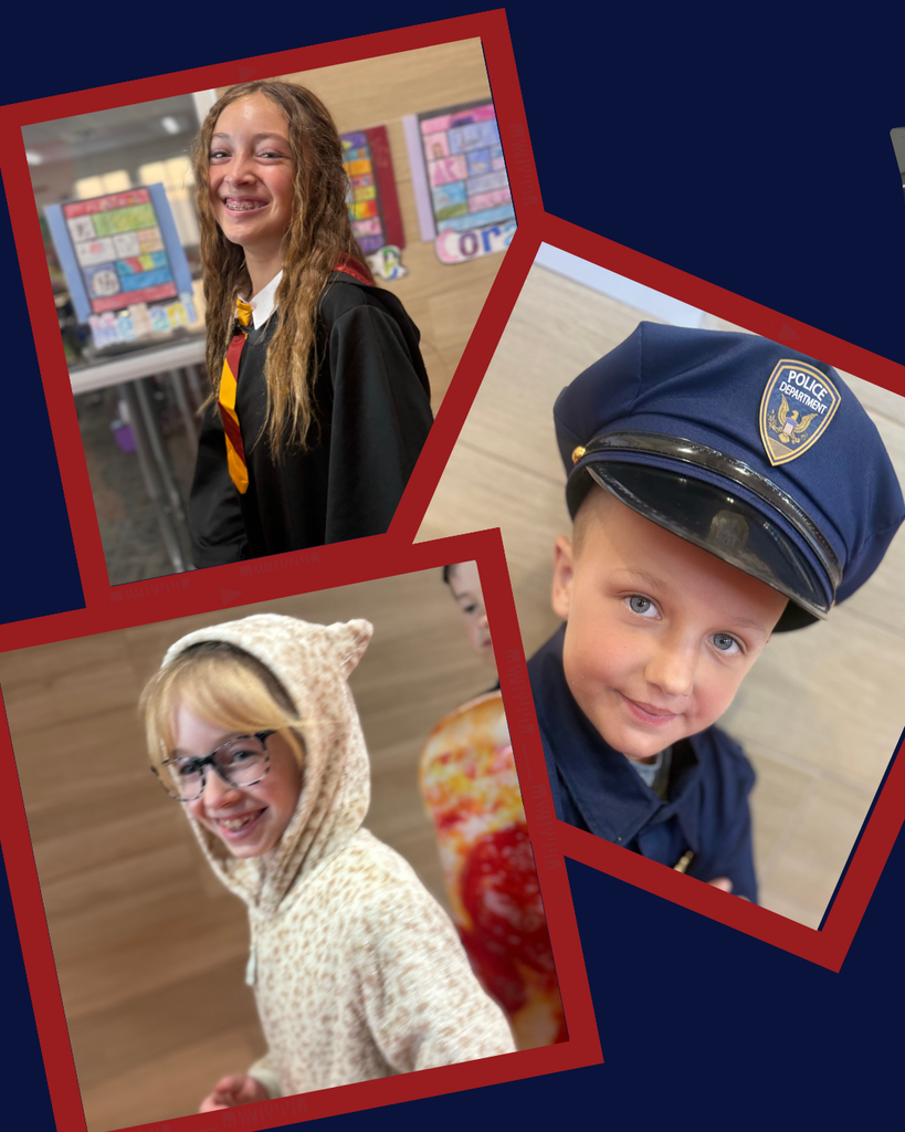 A collage of Halloween photos featuring Orchard Springs Elementary students and staff in various costumes