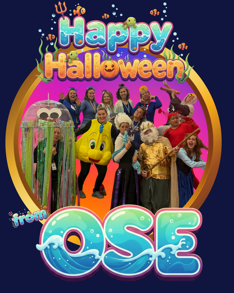 A Halloween photo collage of Orchard Springs Elementary staff in an 'under the sea' theme. In the center, a group of staff are dressed as characters from The Little Mermaid, including Ariel, Ursula, Prince Eric, King Triton, and Flounder. Another staff member is wearing a jellyfish costume. The collage is framed by 'Happy Halloween' word art at the top and 'from OSE' word art at the bottom, both in an 'under the sea' style with waves, fish, and sea creatures. The background is a vibrant mix of purple, pink, and blue.