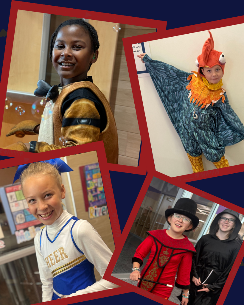 A collage of Halloween photos featuring Orchard Springs Elementary students and staff in various costumes