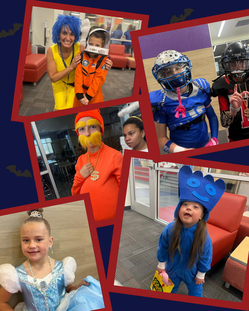A collage of Halloween photos featuring Orchard Springs Elementary students and staff in various costumes