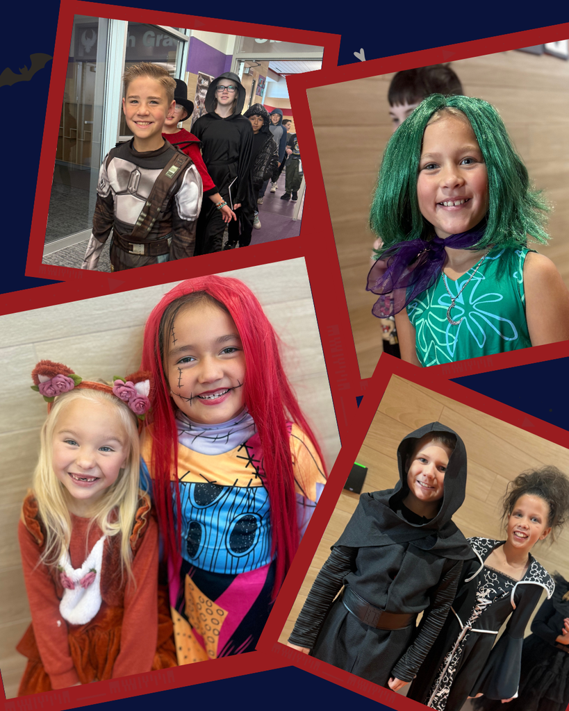 A collage of Halloween photos featuring Orchard Springs Elementary students and staff in various costumes