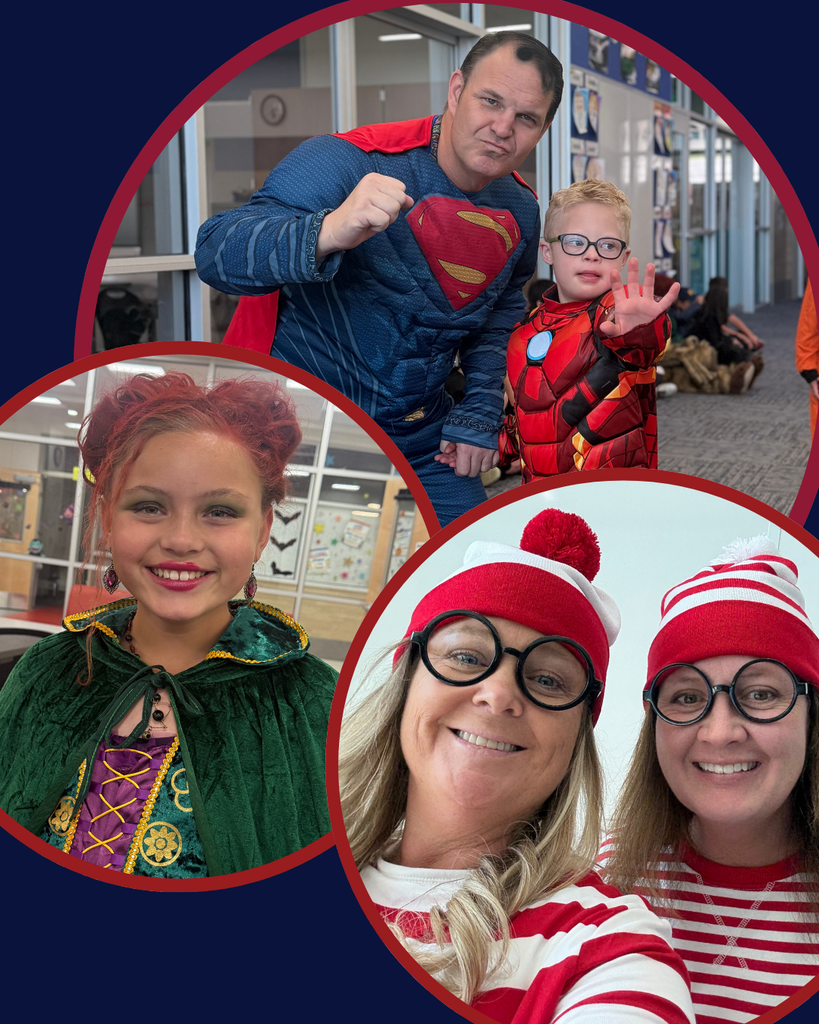 A collage of Halloween photos featuring Orchard Springs Elementary students and staff in various costumes