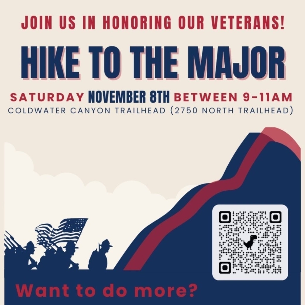 A flyer with the title "JOIN US IN HONORING OUR VETERANS! HIKE TO THE MAJOR". It announces a hike on Saturday, November 8th, between 9-11 AM, at the Coldwater Canyon Trailhead (2750 North Trailhead). The bottom section asks "Want to do more?" and encourages registration for The Major Brent Taylor Foundation Memorial Ruck March, meeting at Ben Lomond Cemetery at 8:45 am. The bottom of the flyer says "WEAR YOUR PURPLE!" and includes the logo for "MILITARY CONNECTS". The background of the flyer features silhouettes of soldiers carrying American flags and a large QR code.
