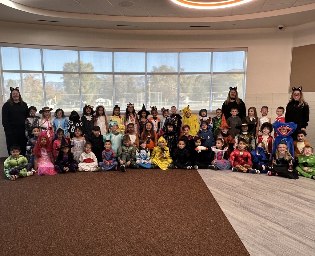 first grade students posing in their halloween costumes