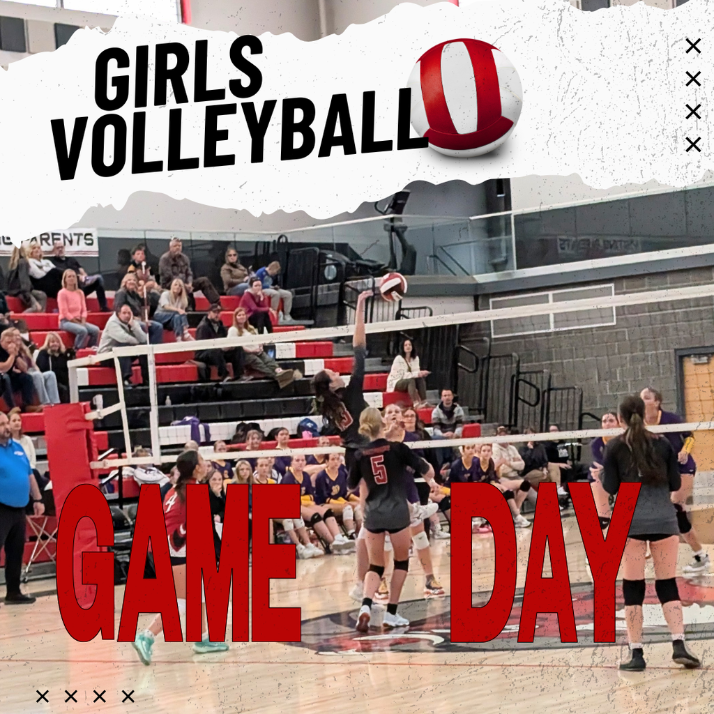 Photograph of girls volleyball team at a game spiking a ball. Girls volleyball game day
