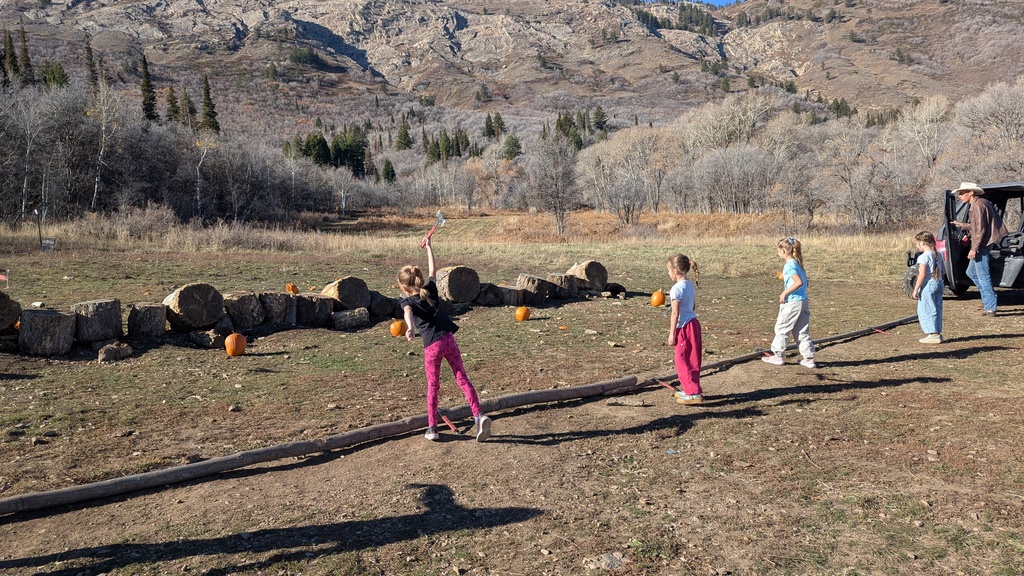 A young girl throwing a small, red, axe-like object toward wooden log targets in a field.