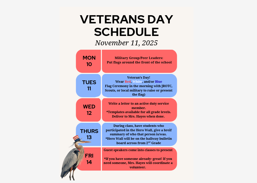 A schedule with a patriotic blue and red color scheme, titled "VETERANS DAY SCHEDULE November 11, 2025". A large cartoon image of a Great Blue Heron wearing an Uncle Sam hat stands in the lower left corner. The schedule lists activities for five days: MON 10: Military Group/Peer Leaders: Put flags around the front of the school TUES 11 (Veteran's Day!): Wear Red, White, and/or Blue Flag Ceremony in the morning with JROTC, Scouts, or local military to raise or present the flag) WED 12: Write a letter to an active duty service member. *Templates available for all grade levels. Deliver to Mrs. Hayes when done. THURS 13: During class, have students who participated in the Hero Wall, give a brief summary of who that person is/was. *Hero Wall will be on the hallway bulletin board across from 2 Grade FRI 14: Guest speakers come into classes to present *If you have someone already- great! If you need someone, Mrs. Hayes will coordinate a volunteer.