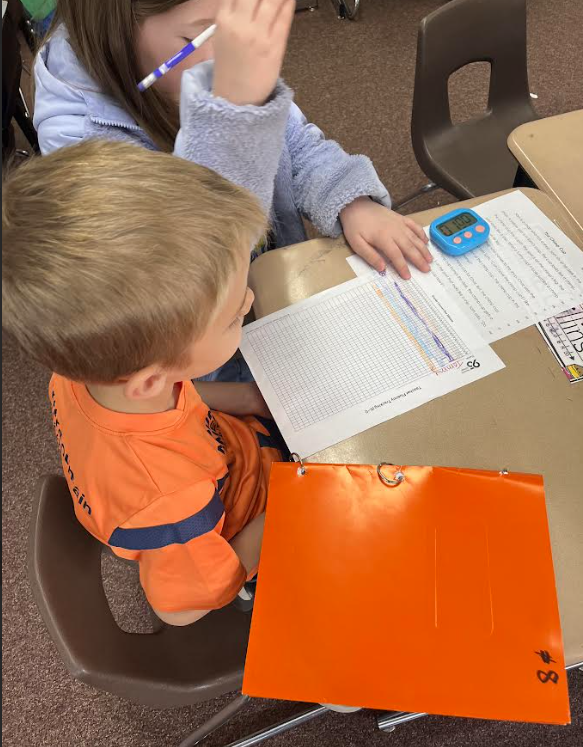 5th grade buddies helping our first graders track their reading and build fluency 