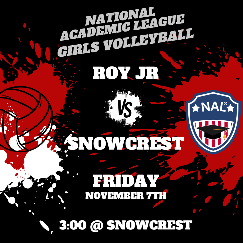 Red and White infographic image for Girls Volleyball and National Academic League  games at Snowcrest today at 3pm