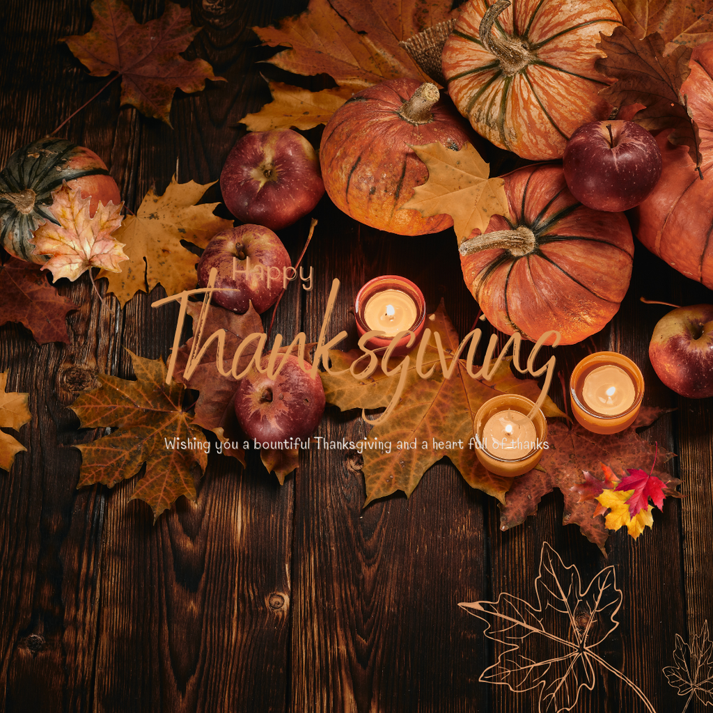 Photograph of a fall table with pumpkins and apples and leaves and candles. With words: Happy Thanksgiving, Wishing you a bountiful Thanksgiving and a heave full of thanks.