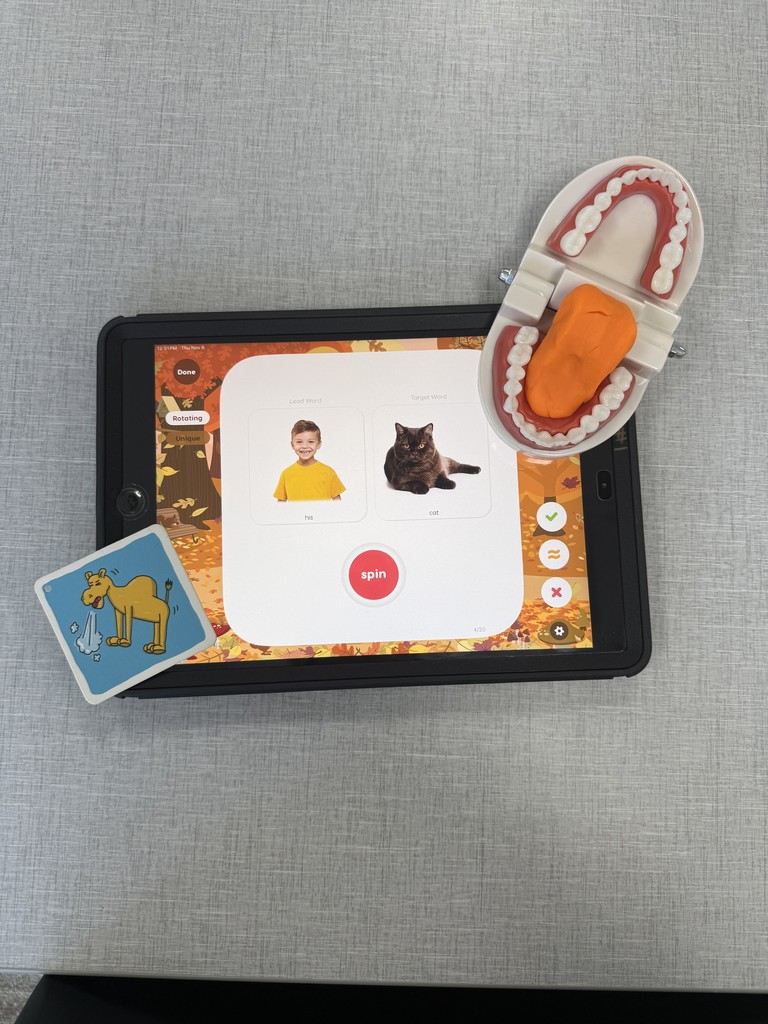 ipad with speech practice sounds, sound cards, and a mouth model to help students understand how to form sounds correctly