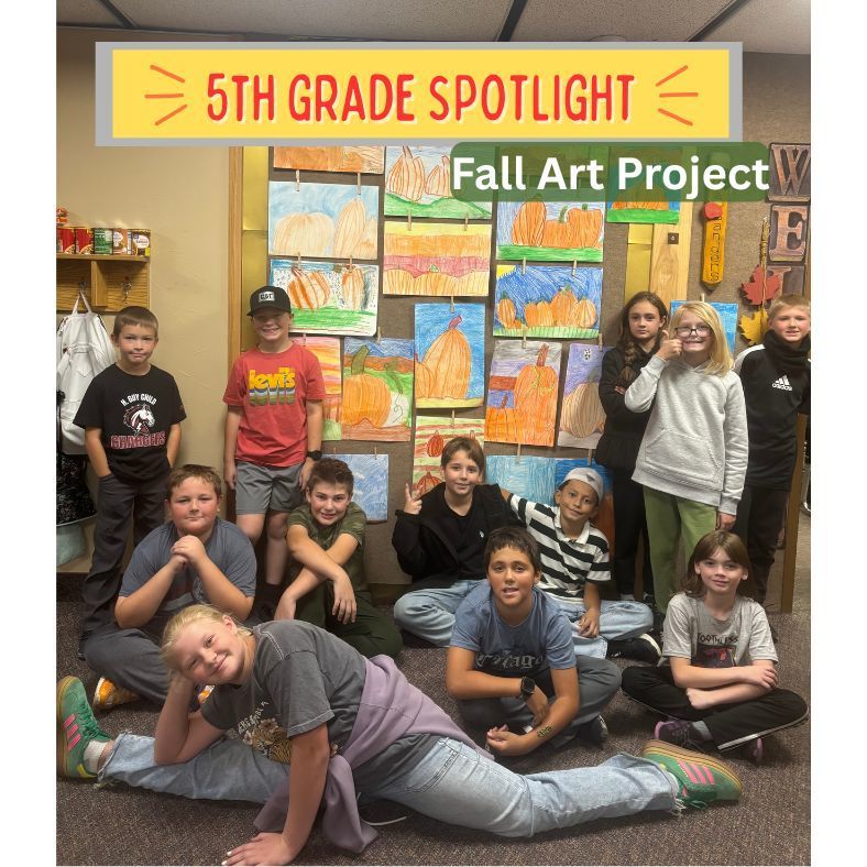 5th Grade Spotlight- Fall Art Project. students sitting by fall pumpkins they painted