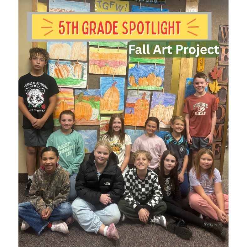 5th Grade Spotlight- Fall Art Project. students sitting by fall pumpkins they painted