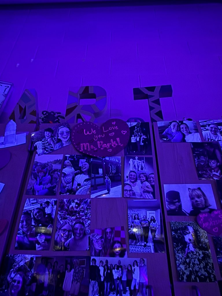 Blacklight Painting- All 2D Art students spent the week in painting in the dark! Art 1 students learned about Dia de los Muertos last week and painting skeleton portraits using colors and symbols that represent themselves and their ancestors. Art 2 students used different colors to draw each other in poses and gestures focusing on value with the different colors. Finally, Art 3 students practiced making their first mural by making an ofrenda that students could hang their completed skeletons on. 