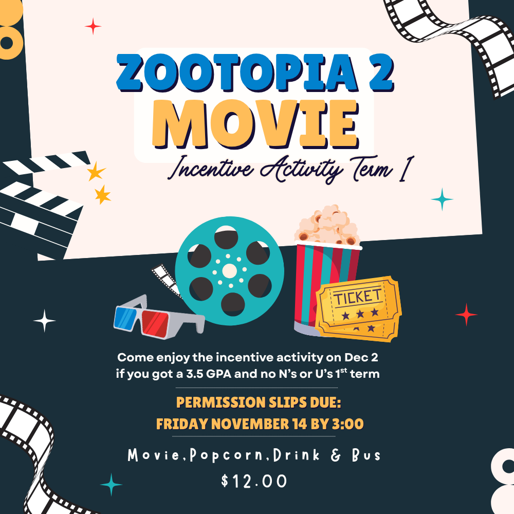 ✨ Spartan Success Pays Off! ✨  We are so proud of our fantastic students who hit that 3.5 GPA and kept their citizenship solid (No N's or U's!) in Term 1! Your reward is a special trip to see Zootopia 2 on Dec 2nd!  Action Item: Get those permission slips signed!  Due Date: Friday, November 14th at 3:00 PM.  Cost: $12.00  Celebrate your hard work with the SOJH Faculty! Go Spartans! 🛡️  #SpartanAchievers #HardWorkPaysOff #SOJHSpartans #GreatFaculty #SOJHEvents