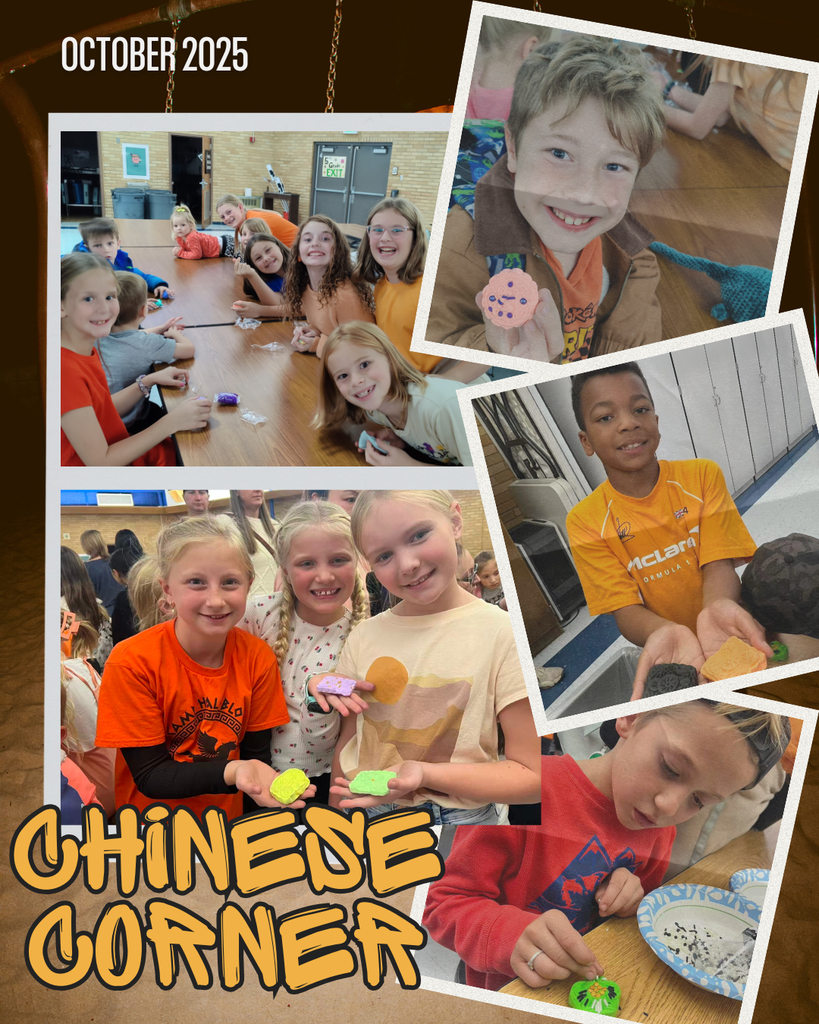 The picture is a photo collage of students participating in October's Chinese Corner making moon cake keychains.  The collage has the words "Chinese Corner" and "October 2025"