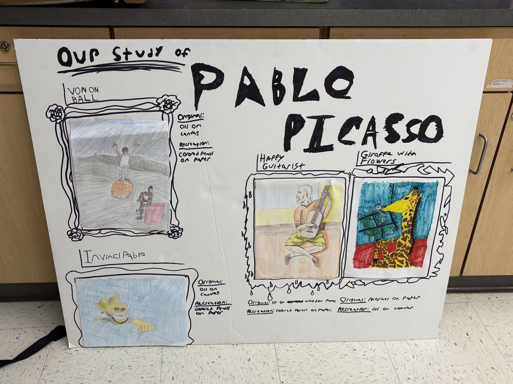 Famous Artist Recreation- Art 3 students put a lot of time and creativity into learning about and recreating works made by famous artists throughout history. They studied the artist style and worked independently or in small groups to study their art style, learn about their life, and then remake their art. So proud of these incredible artists!