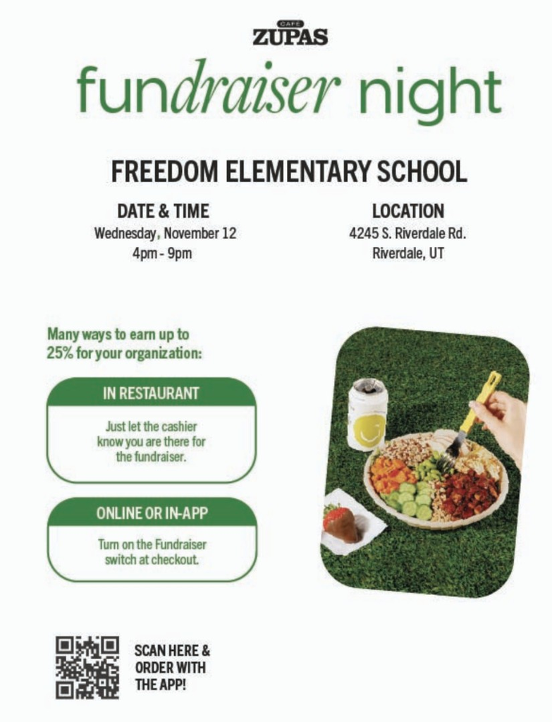 Freedom Spirit night at Zupas. Wednesday Nov 12th from 4-9 PM at the Riverdale Location. 