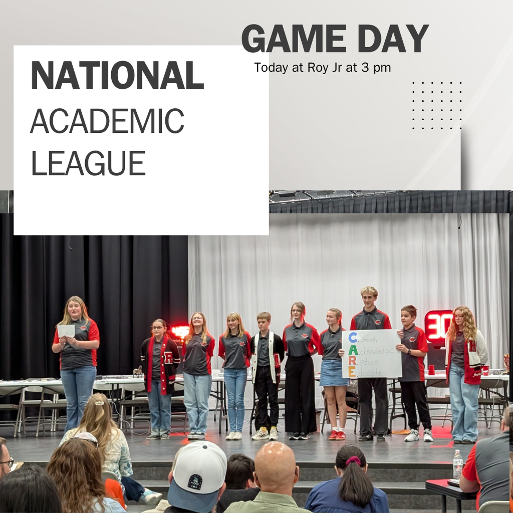 Photo of NAL presenttion team and infographic GAME DAY National Academic Leadue today at Roy Jr at 3pm