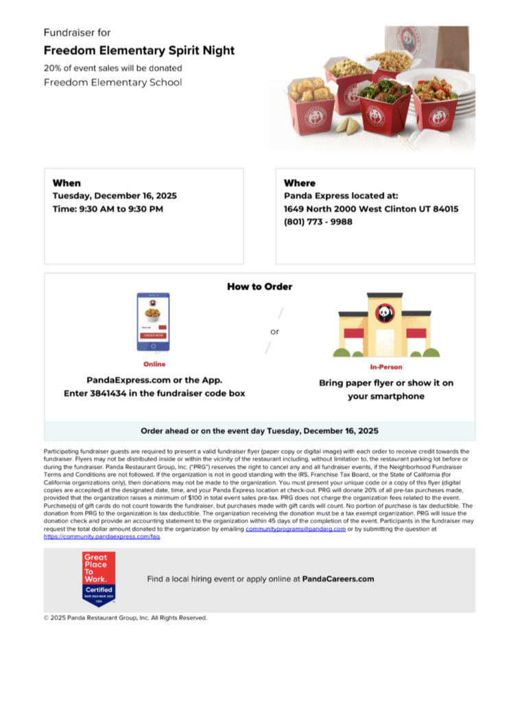 Dec 16th. Panda Express Freedom fundraiser night 9am-9pm at the Clinton Location