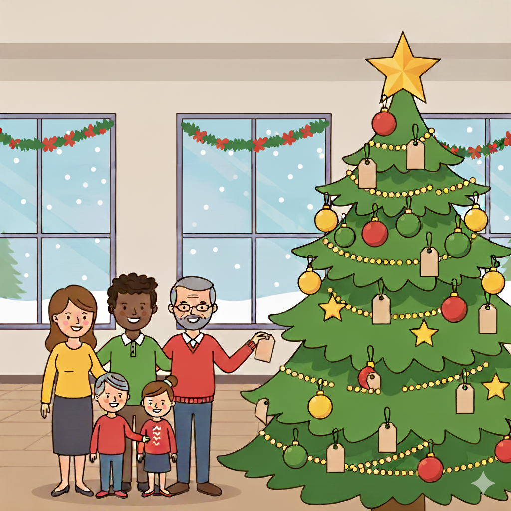 "Clip-art illustration of a diverse family next to a decorated Christmas tree with blank gift tags. The background shows a room with windows and garlands.