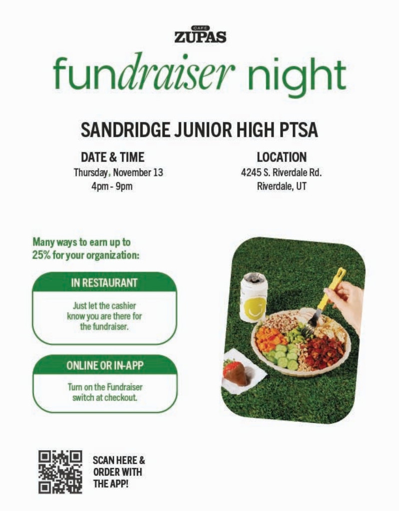 Zupas Fundraiser Night Tonight Nov 13th make sure to say Sand RIdge Jr High to get credit