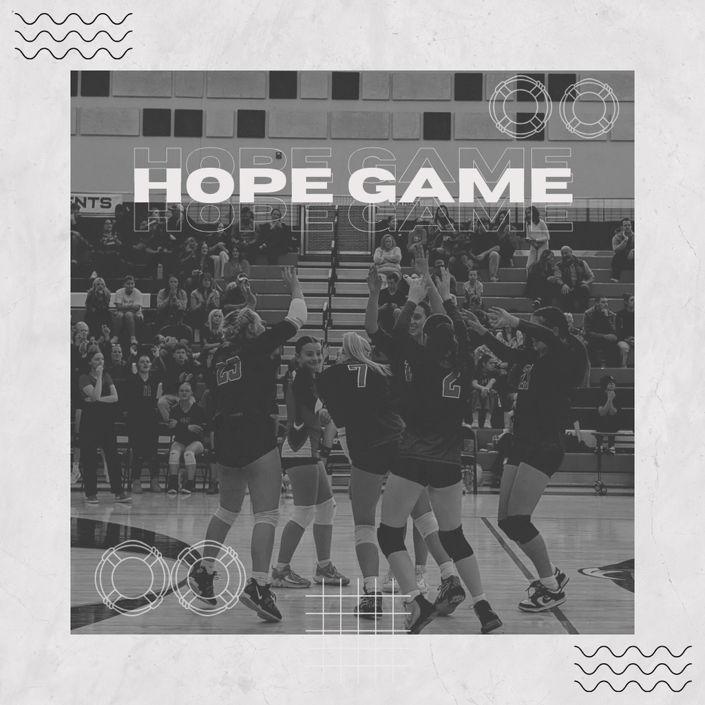 Photo of Roy Jr Girls Volleyball celebrating during a game with wording HOPE GAME