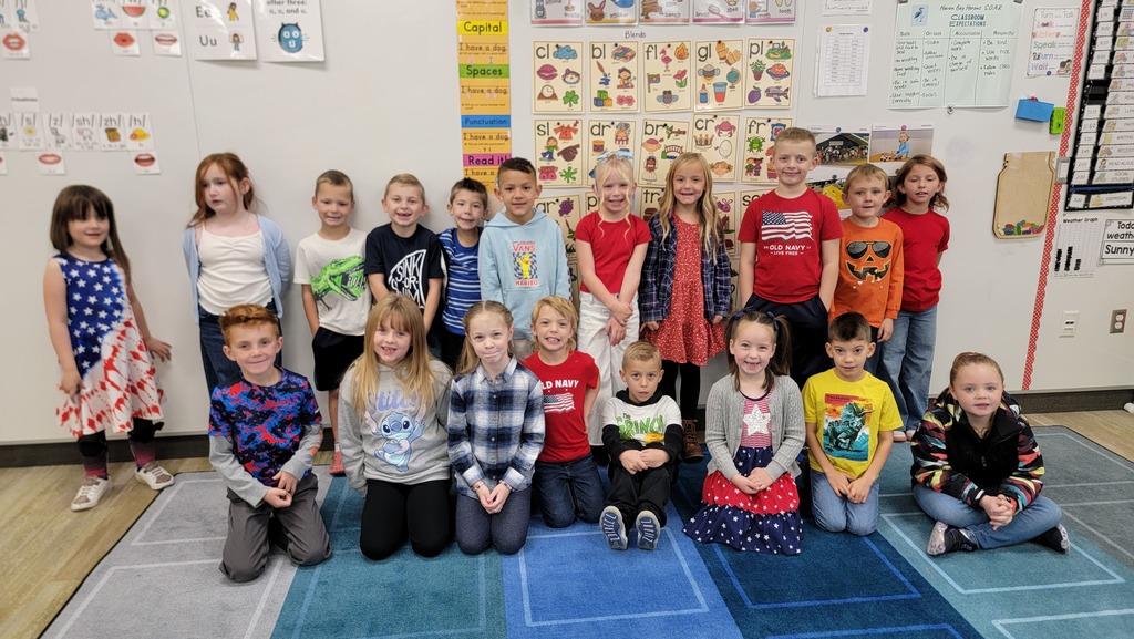 A class of approximately 16 first-grade children, some wearing red, white, and blue or patriotic-themed clothing, is posing for a photo on a colorful rug in a classroom. Educational posters with letters, words, and pictures are visible on the white board behind them.
