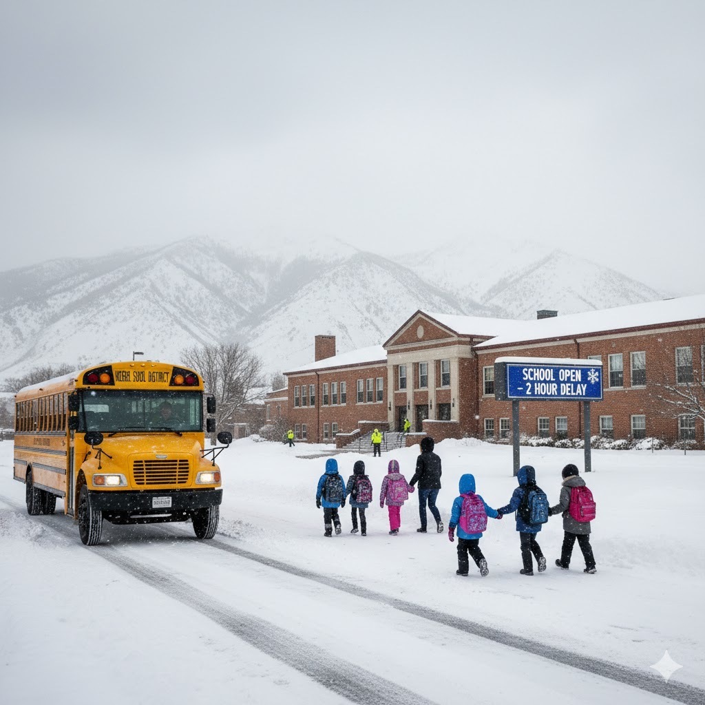 Snowy day with students and bus in front of a school. Image is AI generated