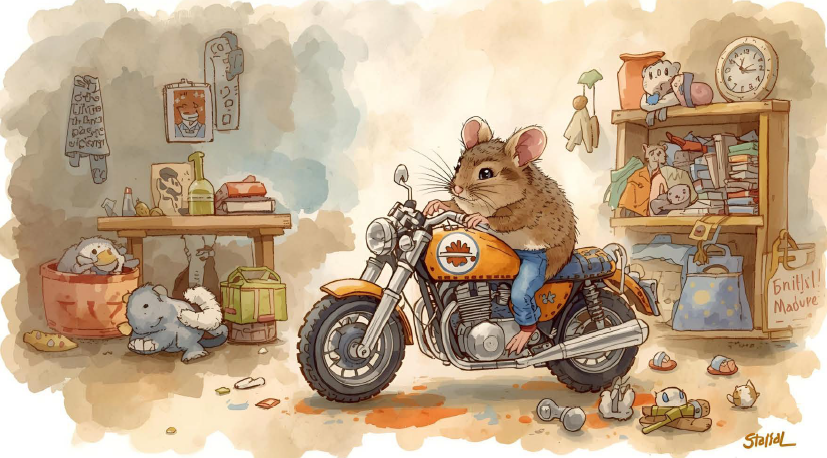 MOUSE ON A MOTORCYCLE I N A ROOM FULL OF TOYS.