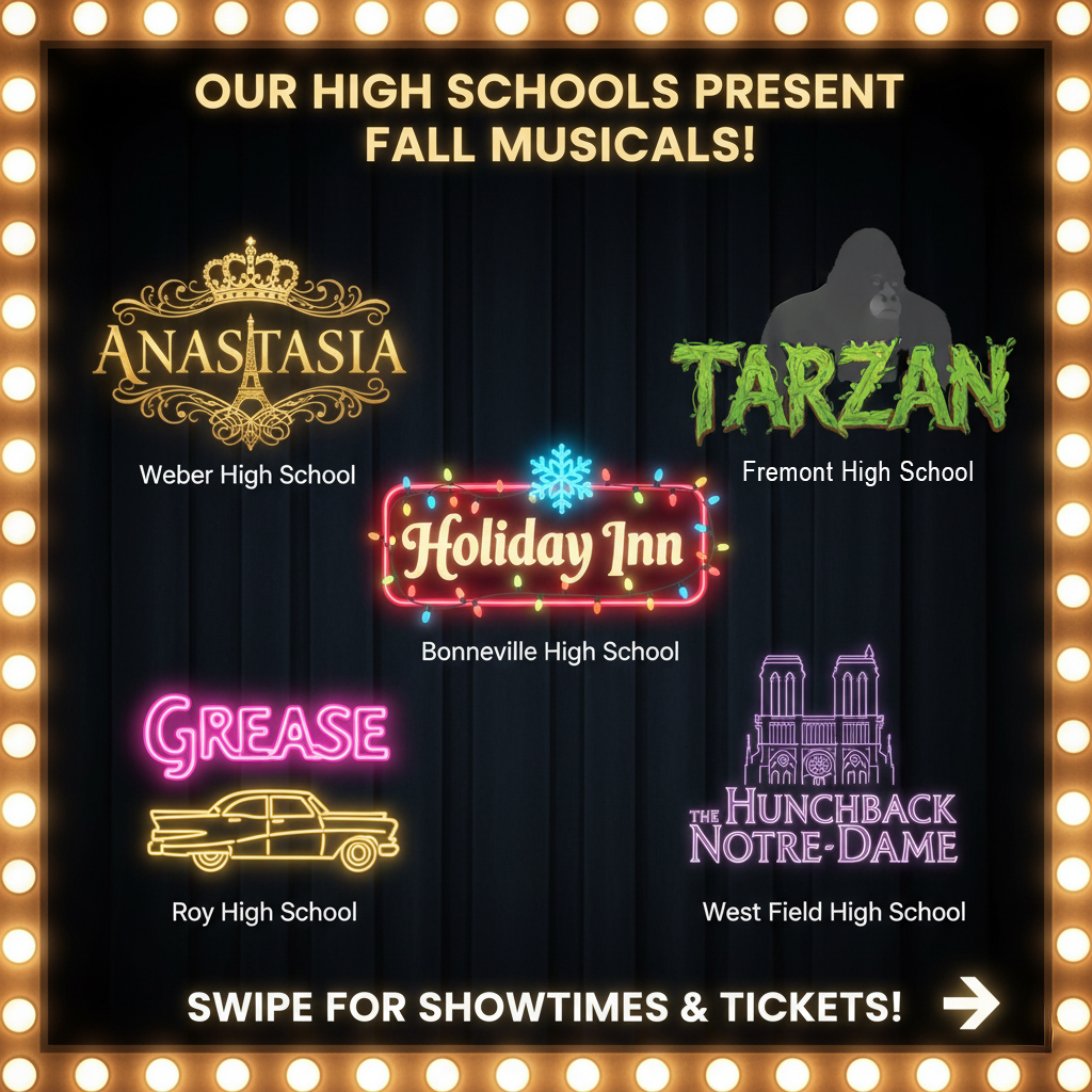 The spotlight is on! Our district's high schools are ready to perform their highly anticipated Fall Musicals. Gather your friends and family and come cheer on the hard work and dedication of our students in these fantastic productions. Mark your calendars for these must-see shows: *Anastasia at Weber High School (Nov 7-17) *Tarzan at Fremont High School (Nov 14-22) *Holiday Inn at Bonneville High School (Nov 14-24) *Grease at Roy High School (Nov 19-24) *The Hunchback of Notre Dame at West Field High School (Dec 4-8) Ticket links and full show information for each performance are provided in the attached posters. Don't wait—get your tickets today!