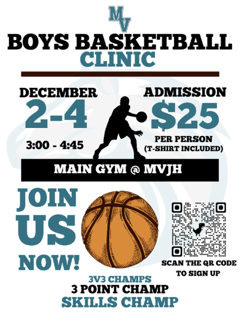 Boys Basketball Clinic December 2nd-4th 3:00pm-4:45pm $25 per person included a t-shirt. Scan QR code to sign up 