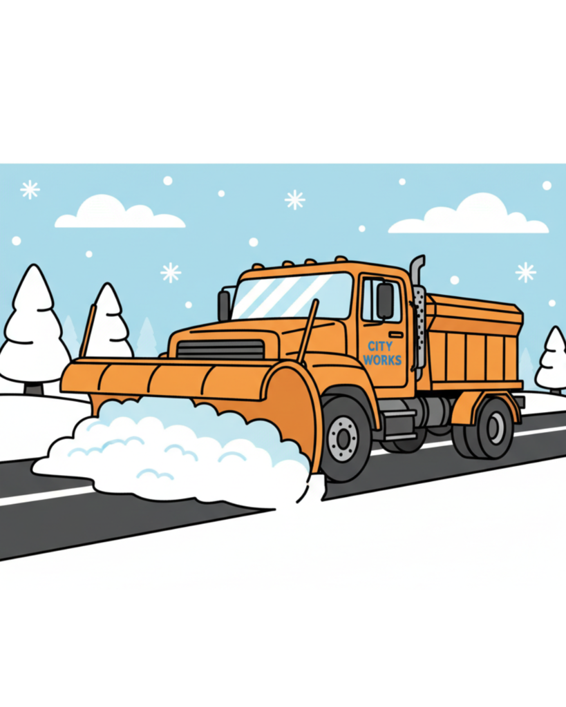 Clip art illustration of an orange dump truck-style snowplow with a large front blade, driving down a cleared road while pushing a pile of snow to the side. The background is a blue winter sky with falling snowflakes and snow-covered evergreen trees.