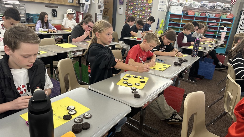a 6th-grade classroom with students sitting at individual desks. Each student has a stack of Oreo cookies and a bright yellow paper with drawn circles on it. The students are carefully twisting open the Oreos and using tools or their hands to scrape the white cream to represent the different phases of the moon (e.g., crescent, half moon, gibbous). Some students are also seen eating the leftover cookies or cream. The classroom has typical shelving and storage in the background.