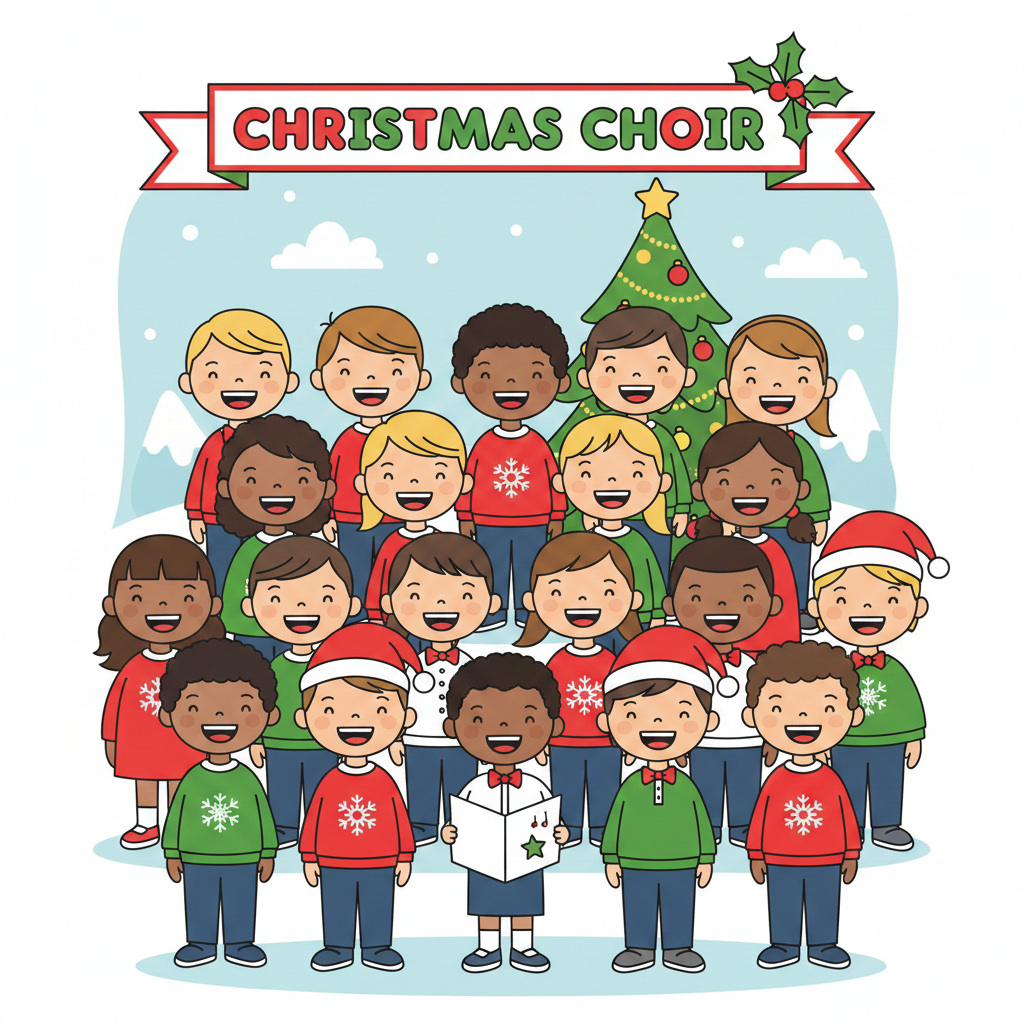 A colorful, cheerful clip art illustration depicts a diverse group of children singing in a "Christmas Choir." The children are arranged in rows, facing forward with open mouths in song. They wear festive Christmas-themed sweaters in red and green, some adorned with snowflakes or Santa hats. One child in the front row holds a sheet of music. In the background, a decorated Christmas tree stands against a light blue sky with white clouds and snow-capped mountains. A banner above the children reads "CHRISTMAS CHOIR" with a sprig of holly.