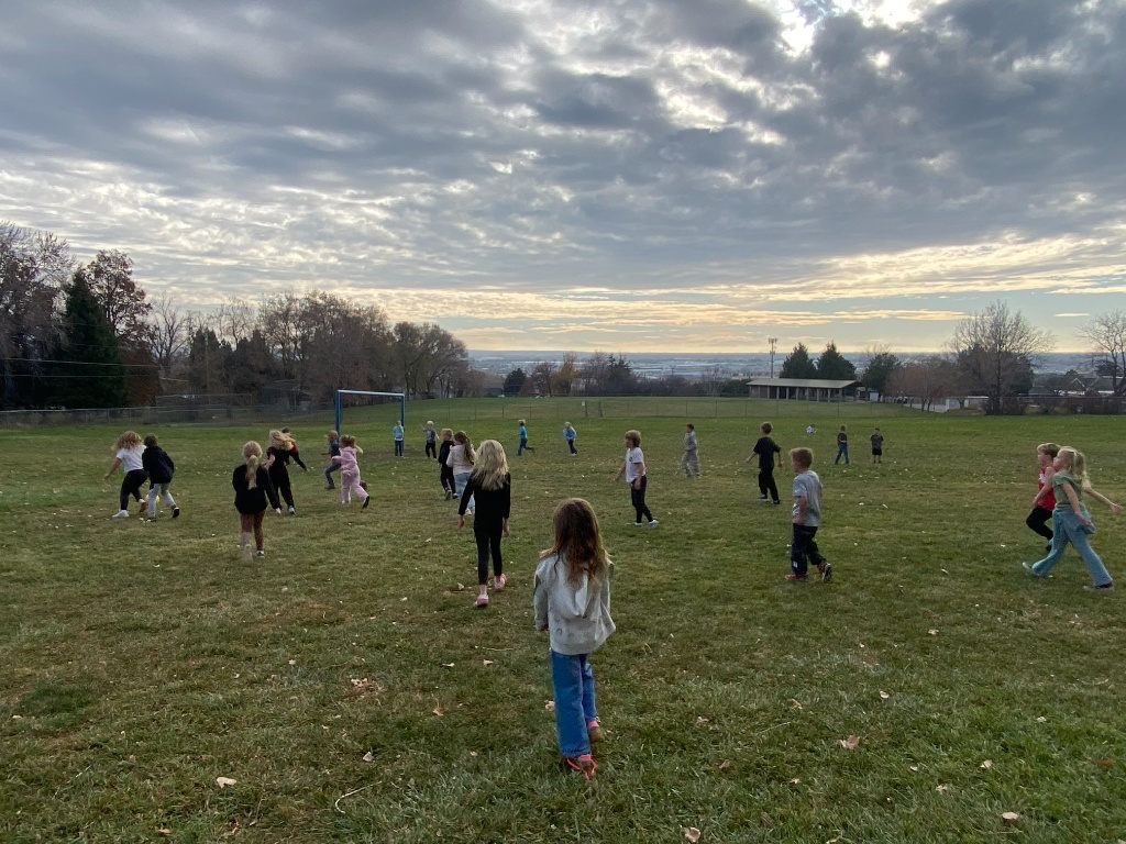 A wide-angle photograph of a large group of elementary school children, mainly second graders, playing soccer on a grassy field under a mostly cloudy sky. A goal net is visible in the middle background, and a view of a distant town or city and horizon is visible beyond the fence line.