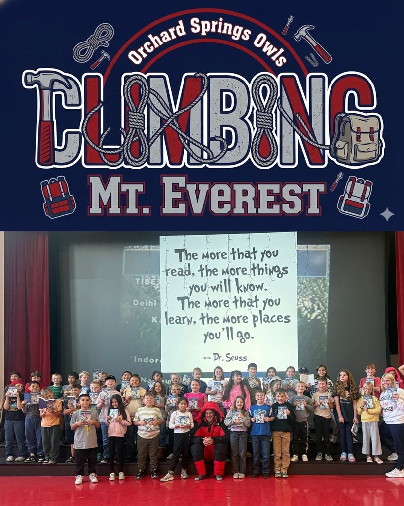 A stylized school spirit graphic featuring the text 'Climbing Mt. Everest' in bold, collegiate-style lettering. The word 'Climbing' is creatively formed using illustrations of climbing ropes, carabiners, and rock hammers. The text 'Orchard Springs Owls' arches over the top, and two hiking backpacks frame the bottom text. The design uses the school colors of navy blue, red, and grey.