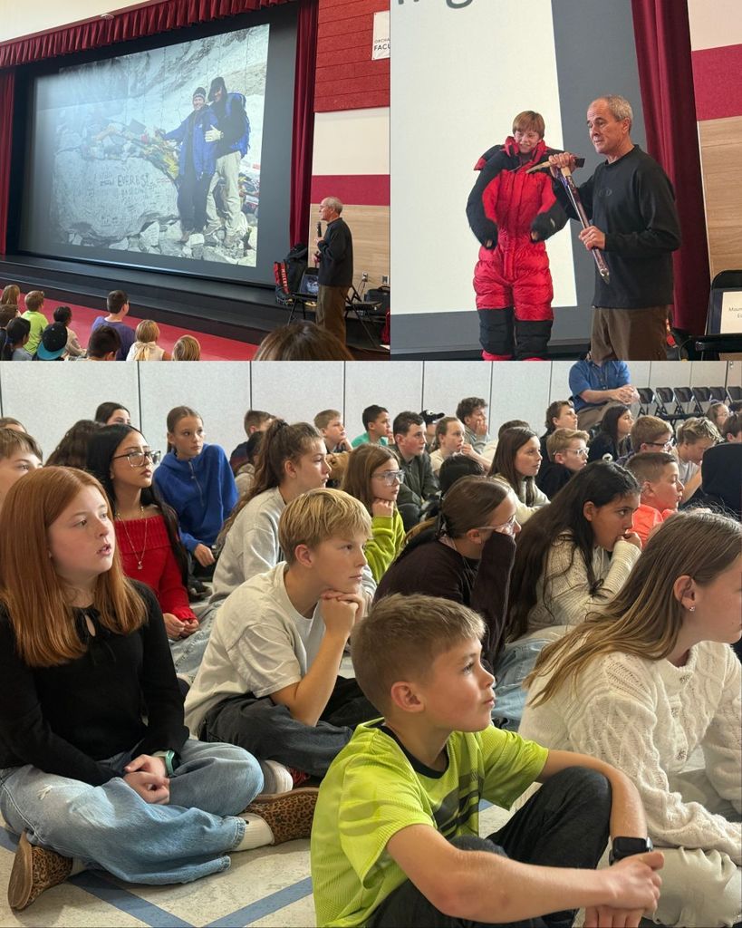 A collage of photos from a school assembly about mountain climbing. One image shows a guest speaker presenting slides of Mount Everest.