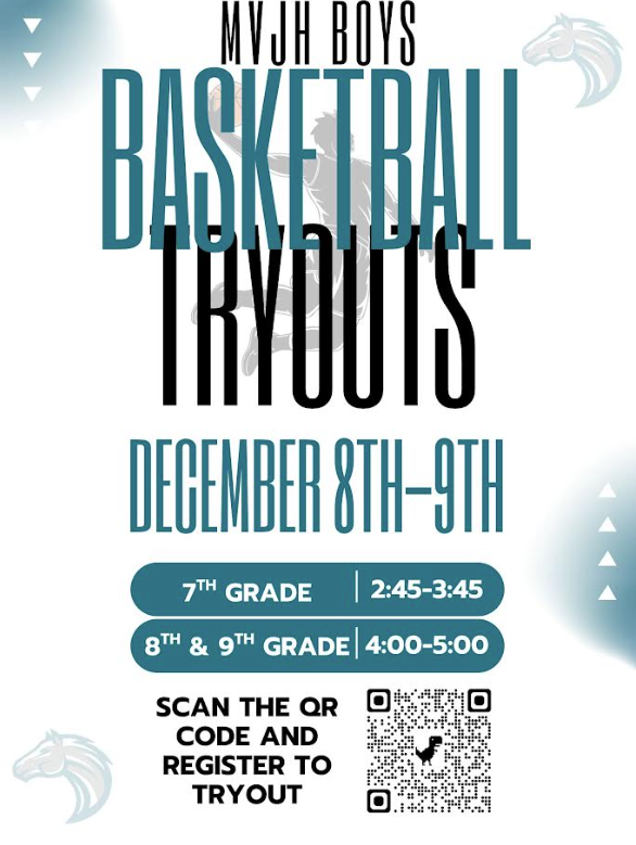 🏀 MVJH Boys Basketball Tryouts! 🏀 Tryouts are coming up, and we can’t wait to see our athletes out on the court!  📅 Dates: December 8–9 📍 Location: MVJH Gym  Tryout Times:  7th Grade: 2:45–3:45 PM  8th & 9th Grade: 4:00–5:00 PM  Make sure to scan the QR code to register before tryouts!  Bring your best effort, a great attitude, and be ready to work hard. Let’s go, Mountain View! 💙