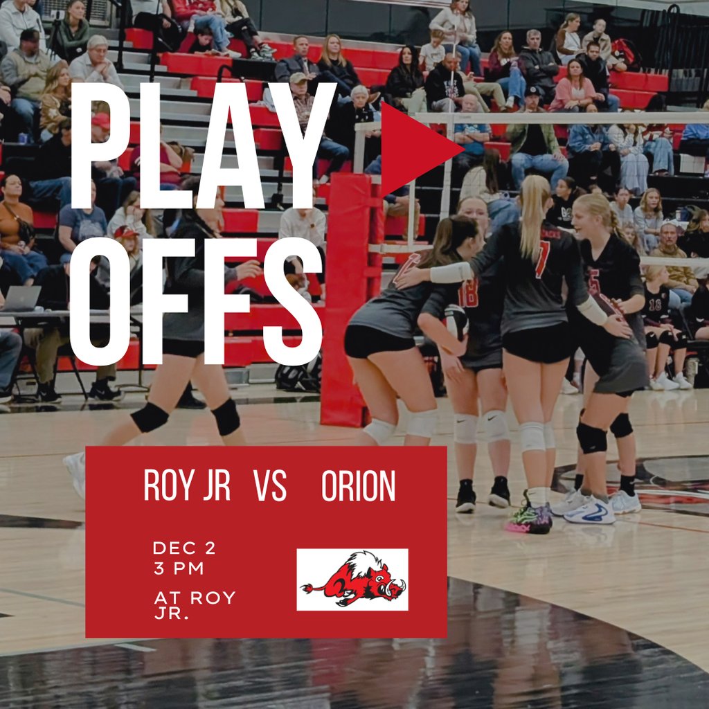 Photograph of roys jr volleyball team announcing play offs. Roy Jr vs Orion Dec 2 at 3 pm at Roy Jr