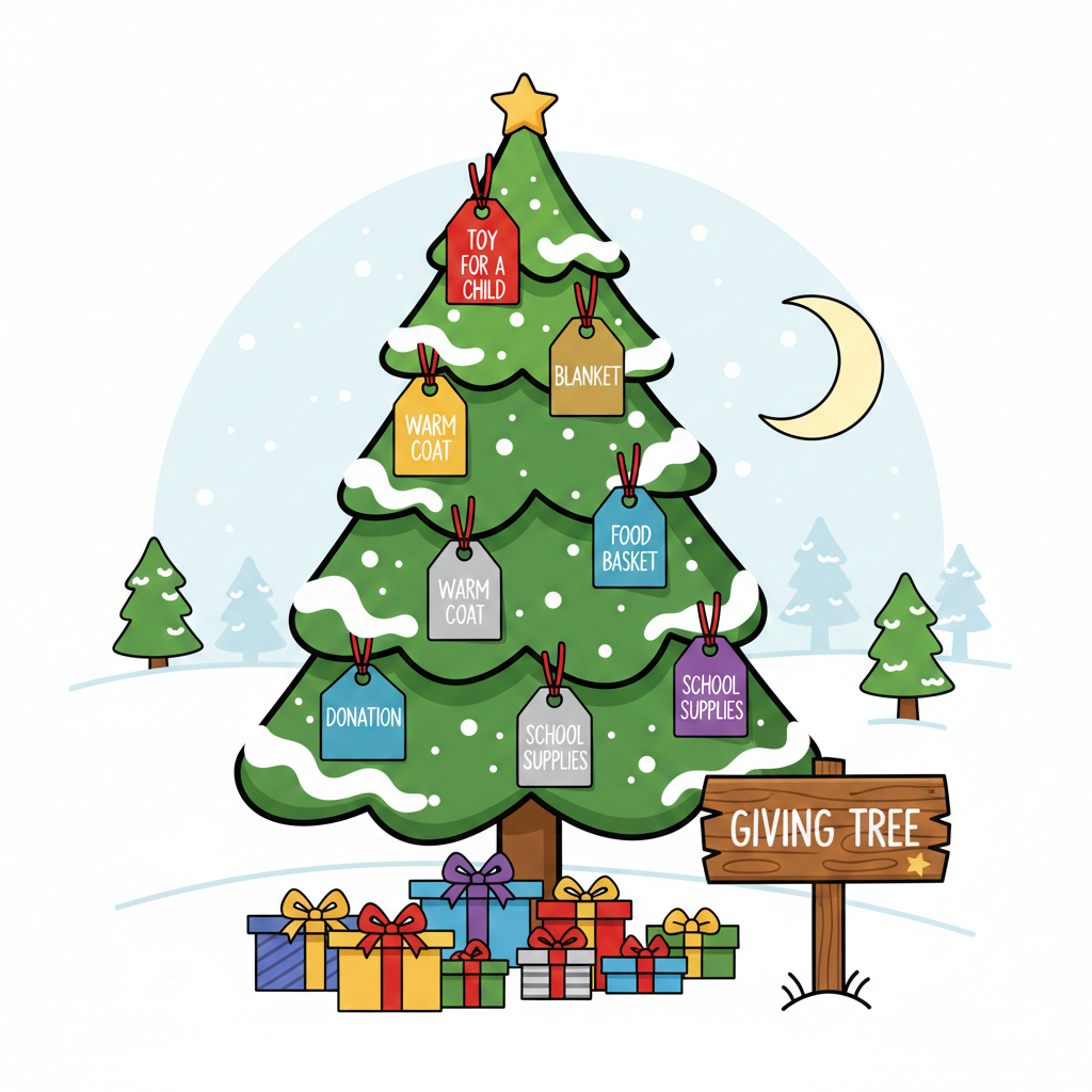 A festive cartoon illustration of a 'Giving Tree' set in a snowy, nighttime landscape. The large, green Christmas tree is decorated with snow and colorful gift tags hanging from its branches. Each tag lists a donation request, including 'TOY FOR A CHILD,' 'BLANKET,' 'WARM COAT' (appearing twice), 'FOOD BASKET,' 'DONATION,' and 'SCHOOL SUPPLIES' (appearing twice). A wooden sign post in the lower right corner reads 'GIVING TREE.' Several wrapped gifts sit beneath the tree. A yellow crescent moon hangs in the sky, and smaller evergreen trees are visible in the background."