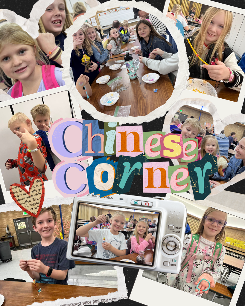 A collage featuring several photos of diverse elementary school children, smiling and holding up bracelets they made during the "Chinese Corner" activity in November. The main graphic overlay reads "CHINESE CORNER" in large, colorful letters, followed by "Novembers Chinese Corner Activity." The individual photos show the students sitting at tables, actively engaged in beading, or proudly displaying their finished bracelets, with some giving a thumbs-up.