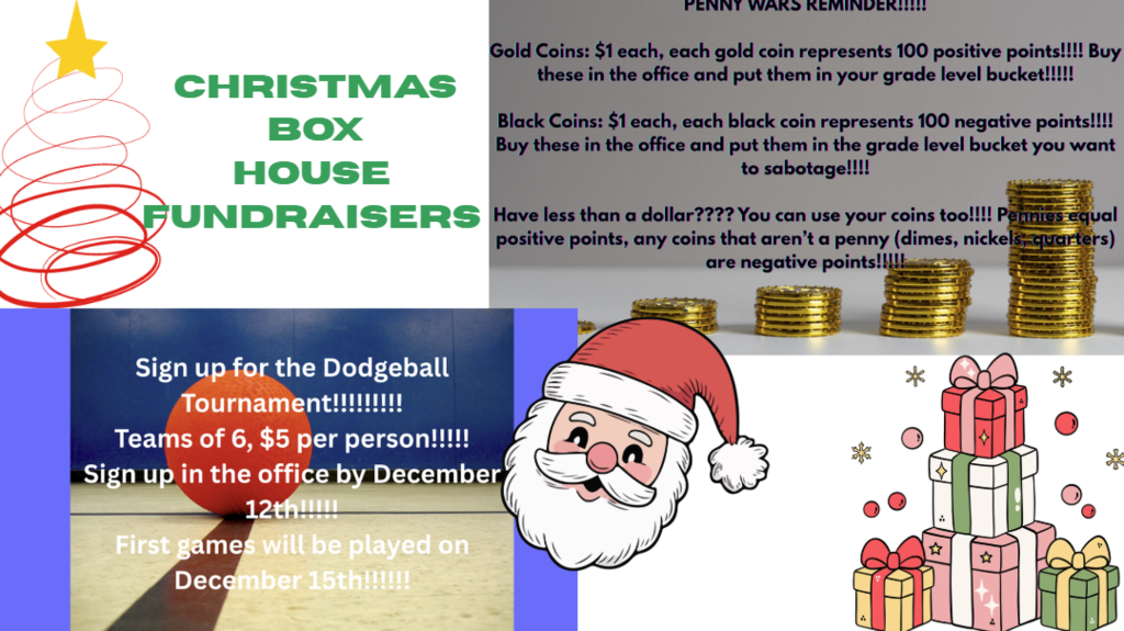 MVJH Christmas Box House Fundraisers!  We’re excited to support Christmas Box House this season with TWO awesome fundraisers!  🏐 Dodgeball Tournament Sign up in the office to join a dodgeball team—only $5 per person! Sign-up deadline: December 12th First games: December 15th Grab your friends and get ready for some friendly competition!  💰 Penny Wars Penny Wars are still going strong!  Gold coins and pennies = positive points for YOUR grade  Silver coins and bills = negative points to sabotage other grades and even the faculty!  🏆 MVJH vs. Rocky Showdown We’re also competing against Rocky to see which school can raise the most money overall—let’s show them what MVJH can do!  Every coin and every team helps support children in need. Let’s make a difference this holiday season! 🎄